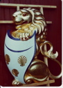 Laughing Lions, (one of pair), pine and polychrome (1968)
